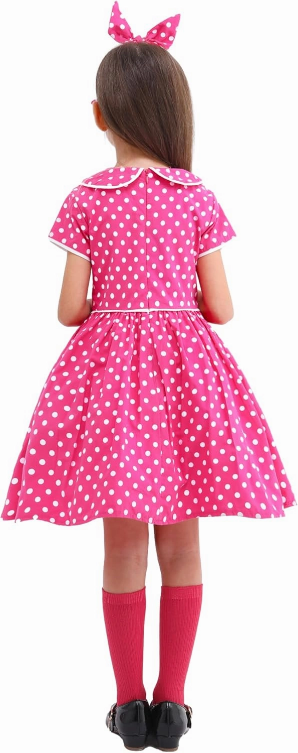 Raberto Girls 1950s Dress - Retro 50s Costume with Polka Dot Design, Headband, Glasses and Socks