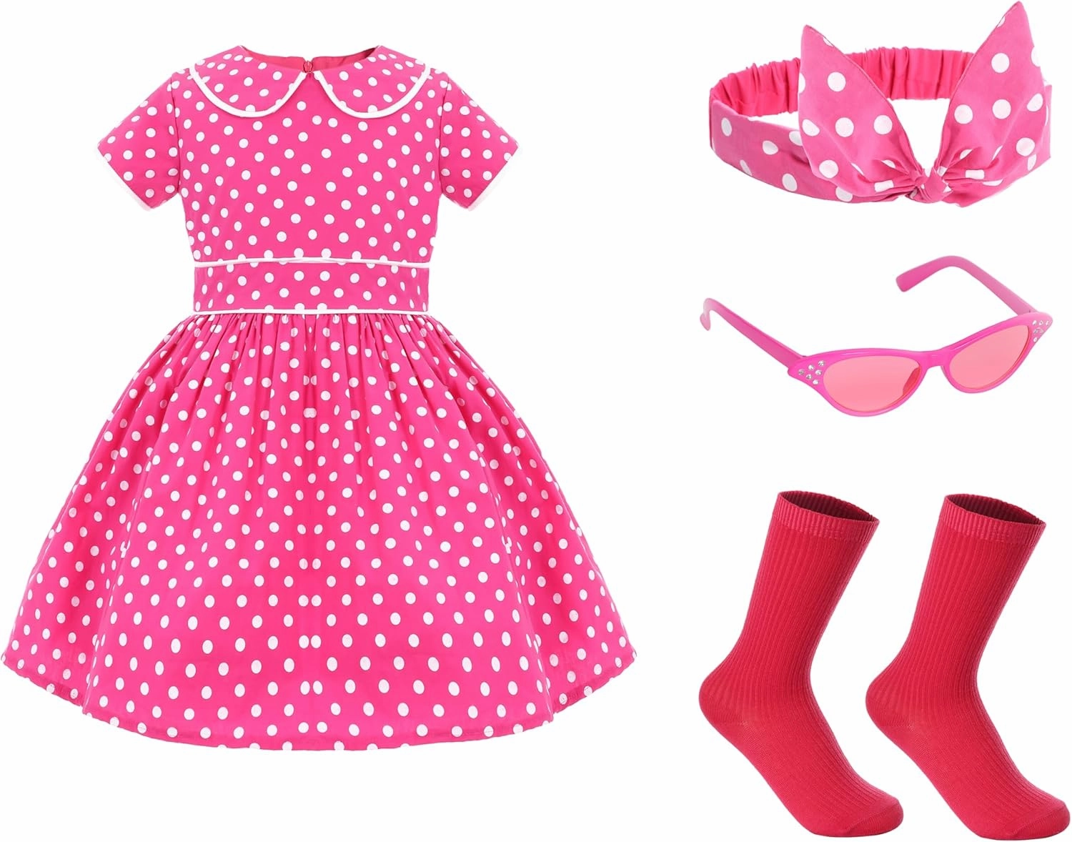 Raberto Girls 1950s Dress - Retro 50s Costume with Polka Dot Design, Headband, Glasses and Socks