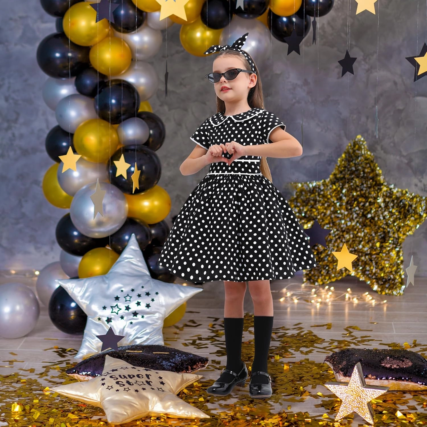 Raberto Girls 1950s Dress - Retro 50s Costume with Polka Dot Design, Headband, Glasses and Socks