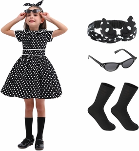 Raberto Girls 1950s Dress - Retro 50s Costume with Polka Dot Design, Headband, Glasses and Socks