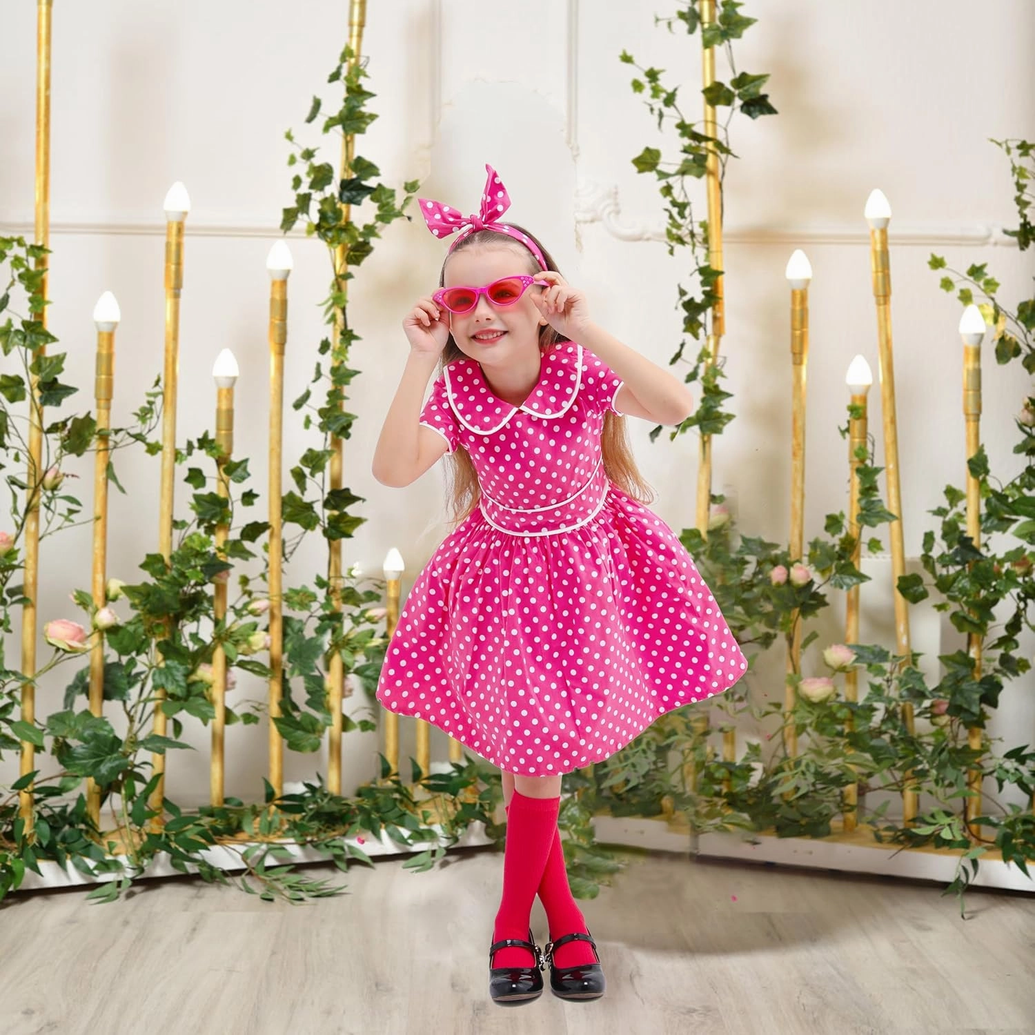 Raberto Girls 1950s Dress - Retro 50s Costume with Polka Dot Design, Headband, Glasses and Socks