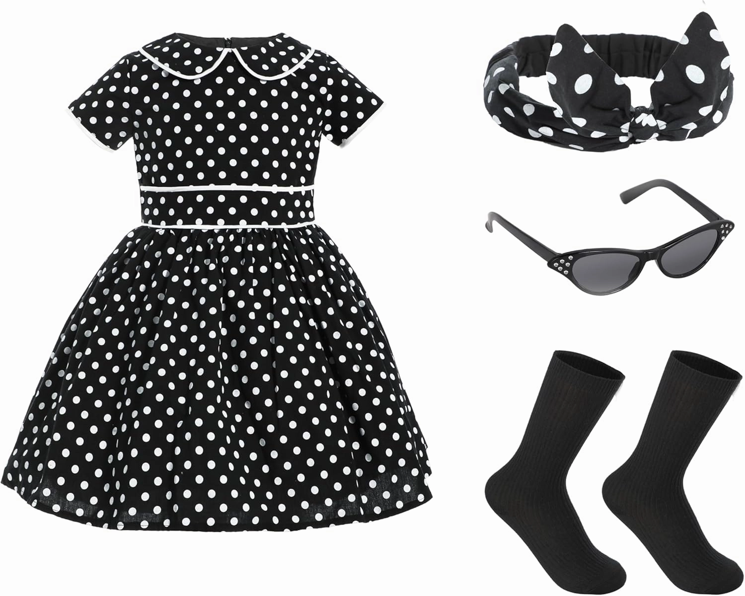 Raberto Girls 1950s Dress - Retro 50s Costume with Polka Dot Design, Headband, Glasses and Socks