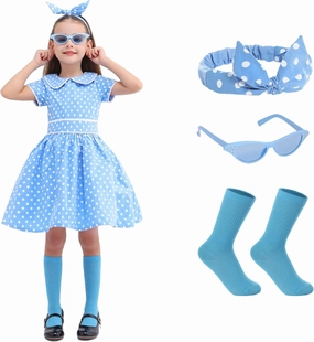 Raberto Girls 1950s Dress - Retro 50s Costume with Polka Dot Design, Headband, Glasses and Socks