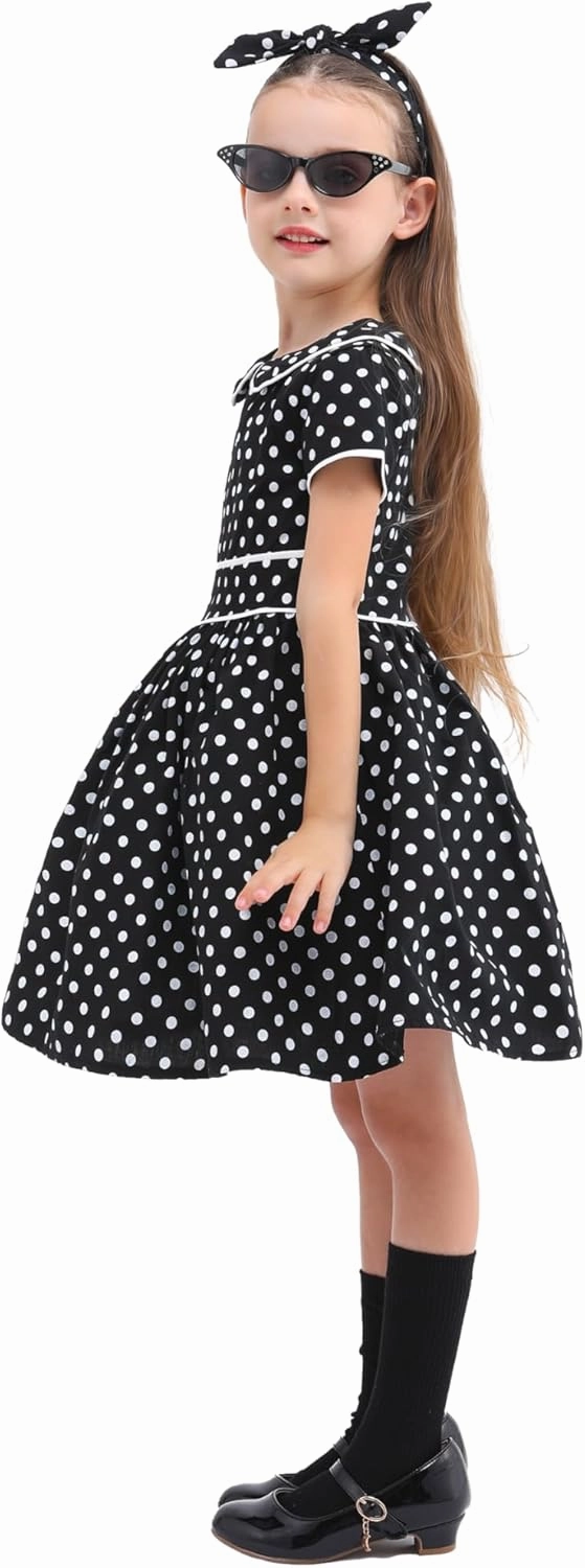 Raberto Girls 1950s Dress - Retro 50s Costume with Polka Dot Design, Headband, Glasses and Socks