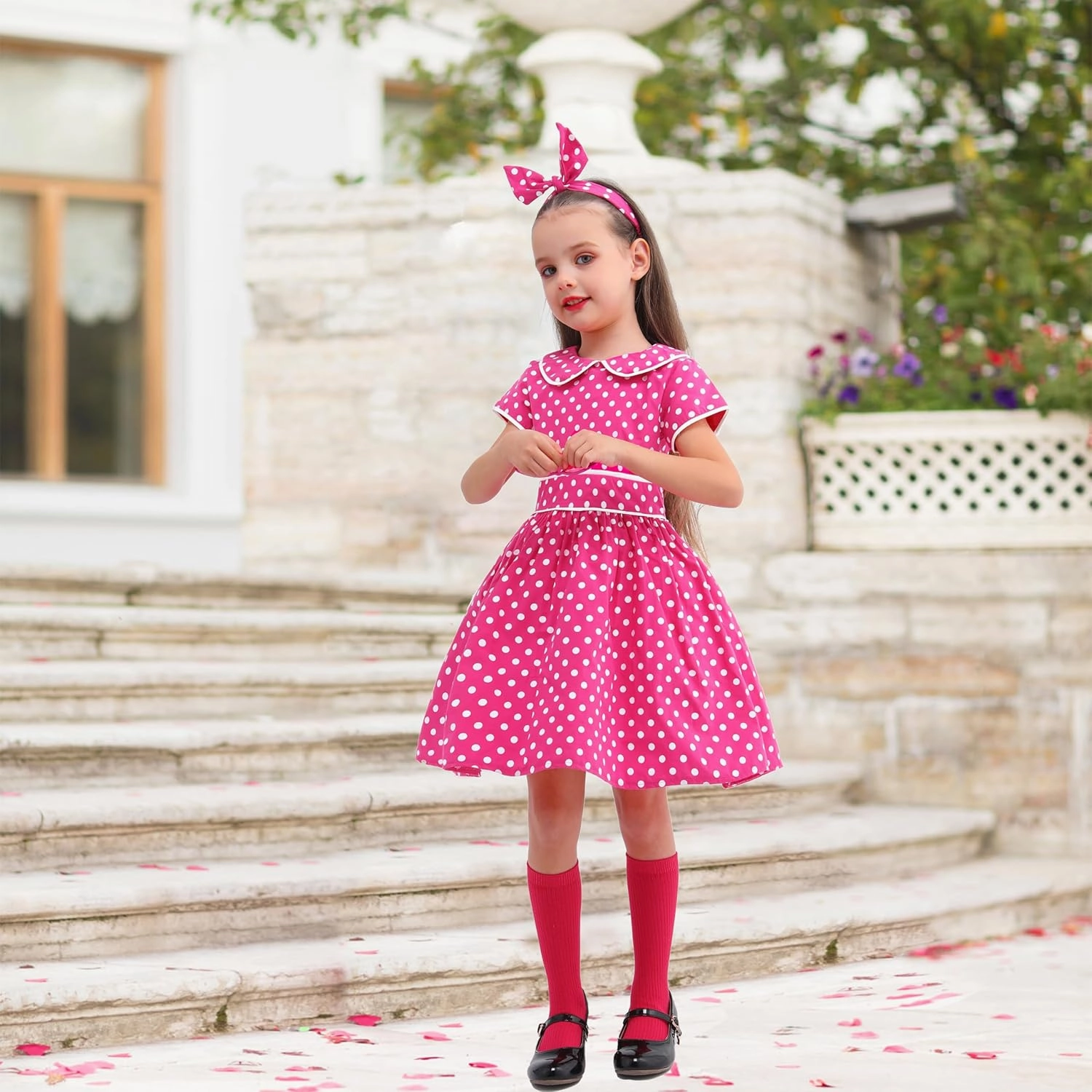 Raberto Girls 1950s Dress - Retro 50s Costume with Polka Dot Design, Headband, Glasses and Socks