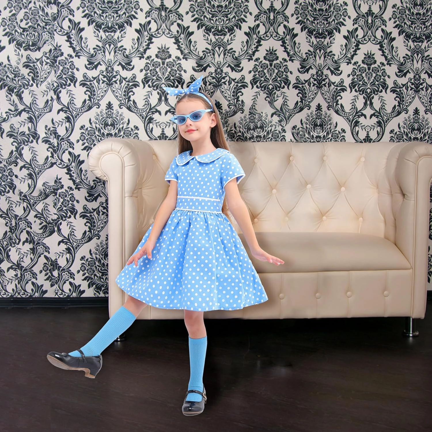 Raberto Girls 1950s Dress - Retro 50s Costume with Polka Dot Design, Headband, Glasses and Socks