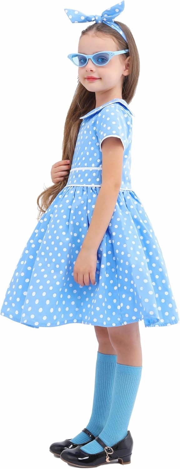 Raberto Girls 1950s Dress - Retro 50s Costume with Polka Dot Design, Headband, Glasses and Socks