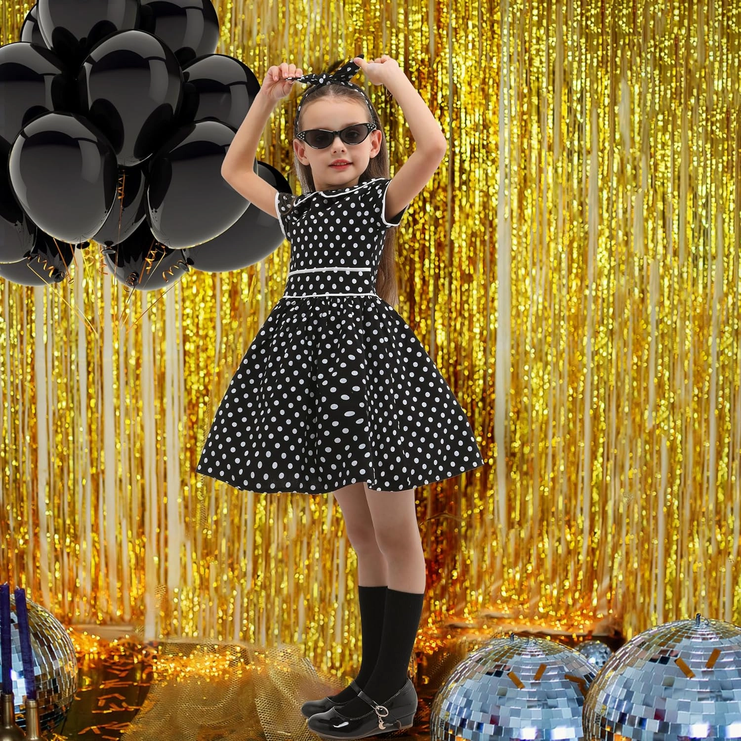Raberto Girls 1950s Dress - Retro 50s Costume with Polka Dot Design, Headband, Glasses and Socks