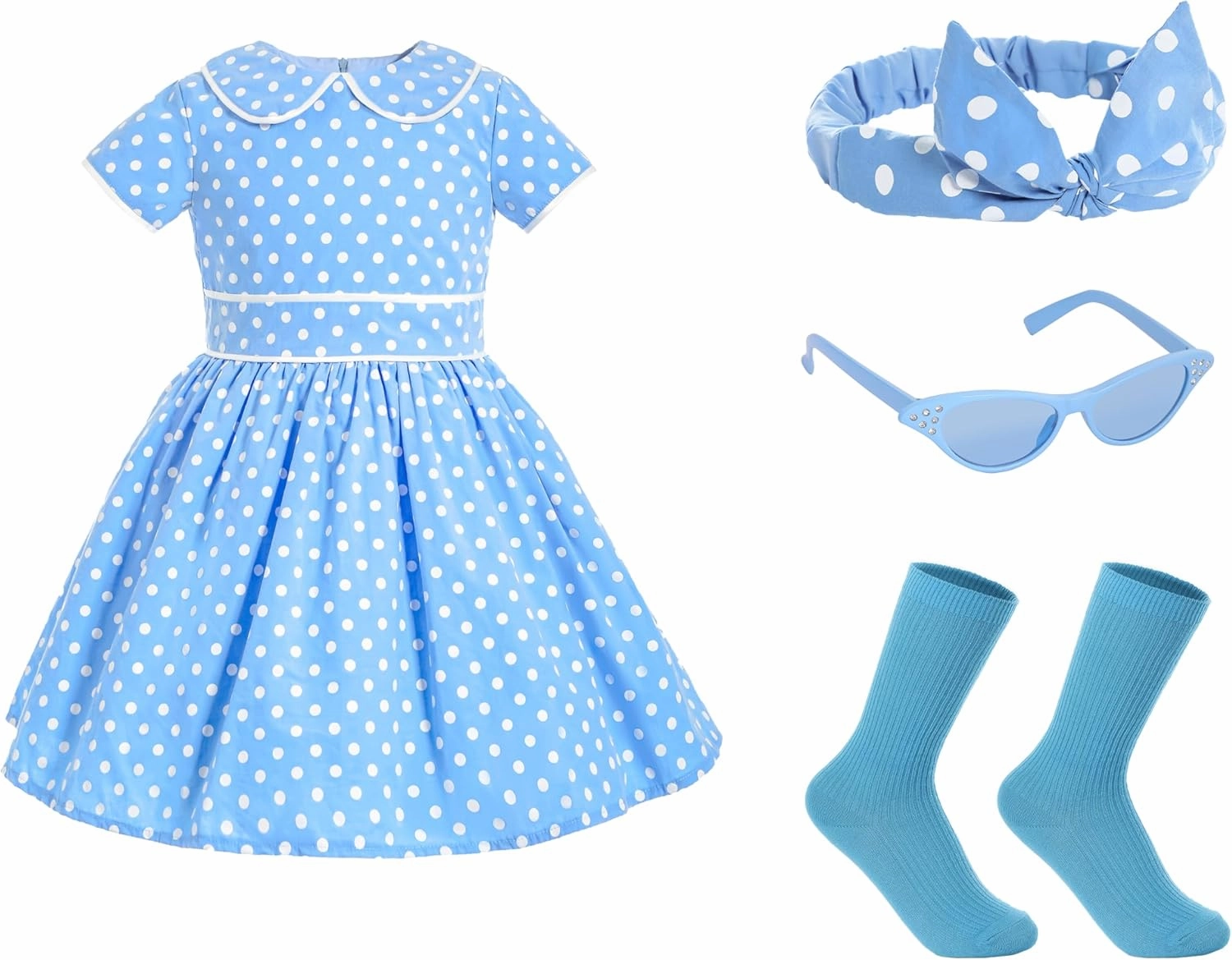 Raberto Girls 1950s Dress - Retro 50s Costume with Polka Dot Design, Headband, Glasses and Socks