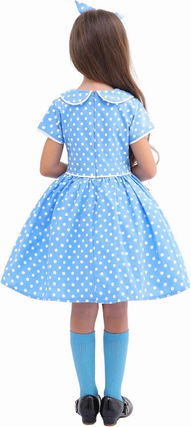Raberto Girls 1950s Dress - Retro 50s Costume with Polka Dot Design, Headband, Glasses and Socks