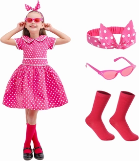 Raberto Girls 1950s Dress - Retro 50s Costume with Polka Dot Design, Headband, Glasses and Socks
