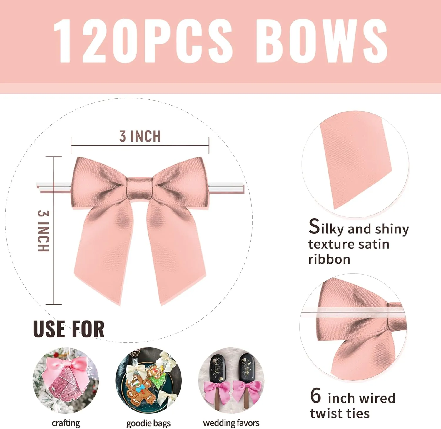 RainbowPana 120 Pack Luxury Twist Tie Bows, Rose Gold 3" Satin Ribbon Pretied Bows, Premade Craft Decoration for Package Cake Pop Basket Favors Cookie Candy, Gift Wrapping Baby Shower Wedding
