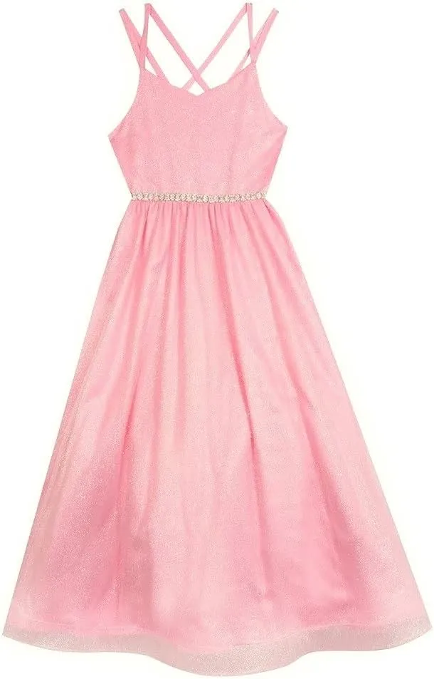 Rare Editions Girls 7-16 Pink Metallic Mesh Satin Sweetheart Ballgown Dress (14)