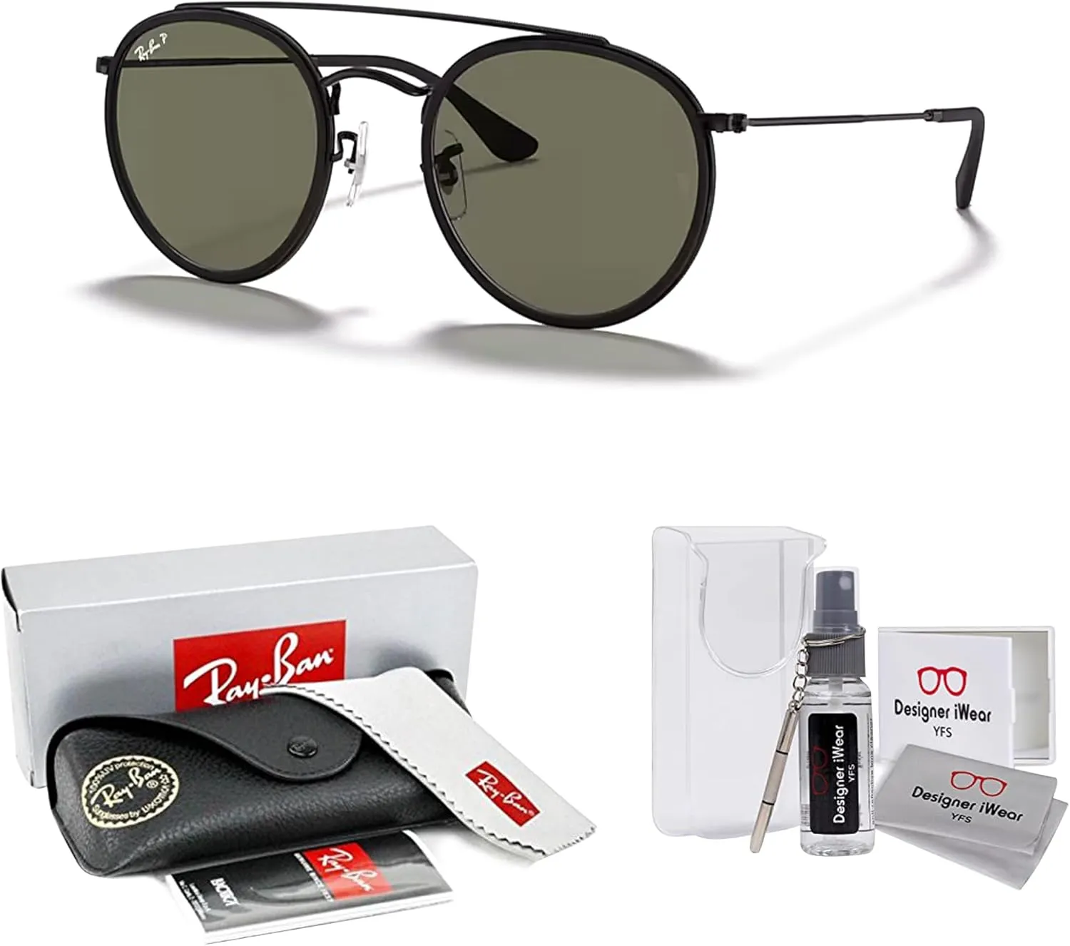 Ray-Ban RB3647N Double Bridge Round Sunglasses for Men for Women   BUNDLE with Designer iWear Eyewear Care Kit