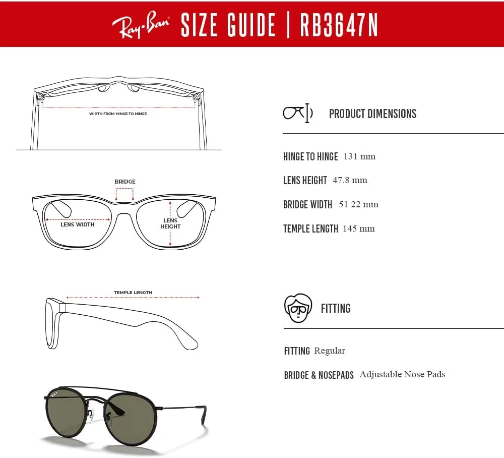 Ray-Ban RB3647N Double Bridge Round Sunglasses for Men for Women   BUNDLE with Designer iWear Eyewear Care Kit