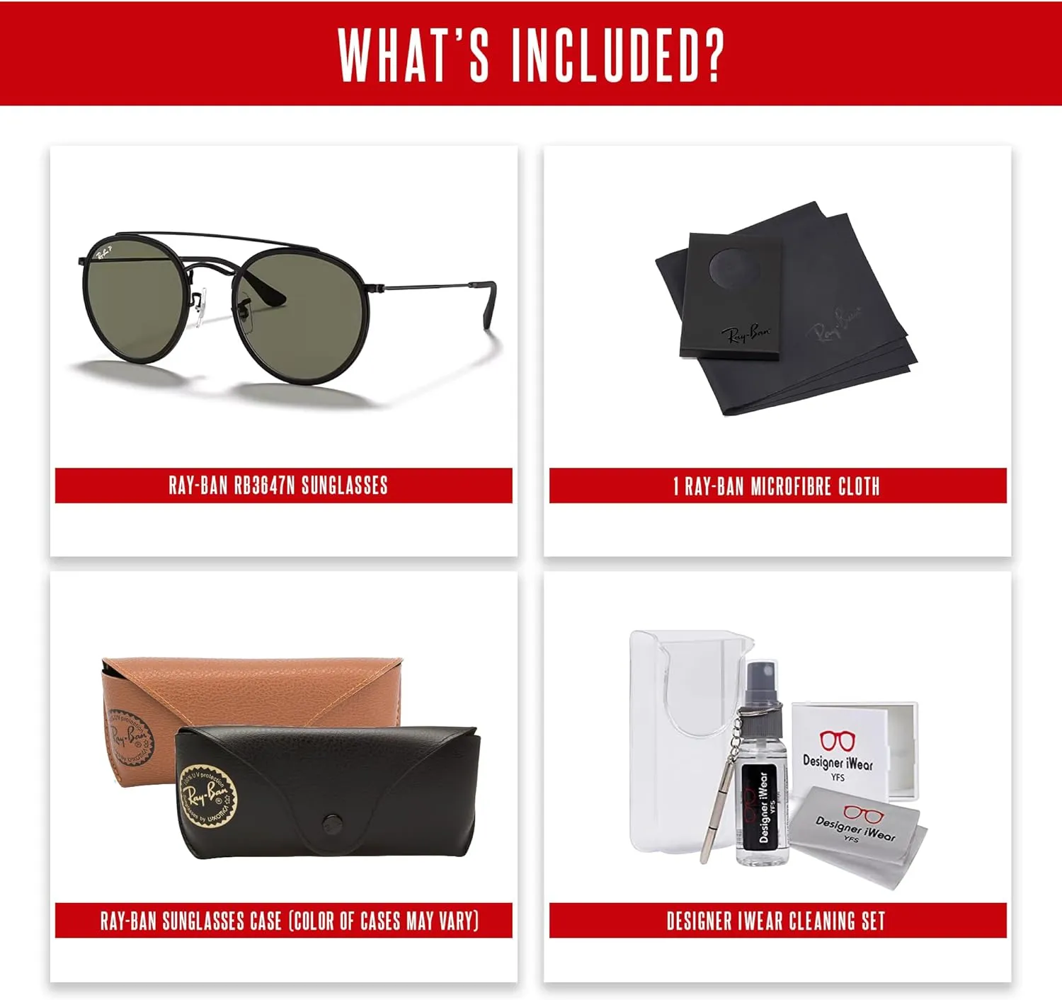 Ray-Ban RB3647N Double Bridge Round Sunglasses for Men for Women   BUNDLE with Designer iWear Eyewear Care Kit