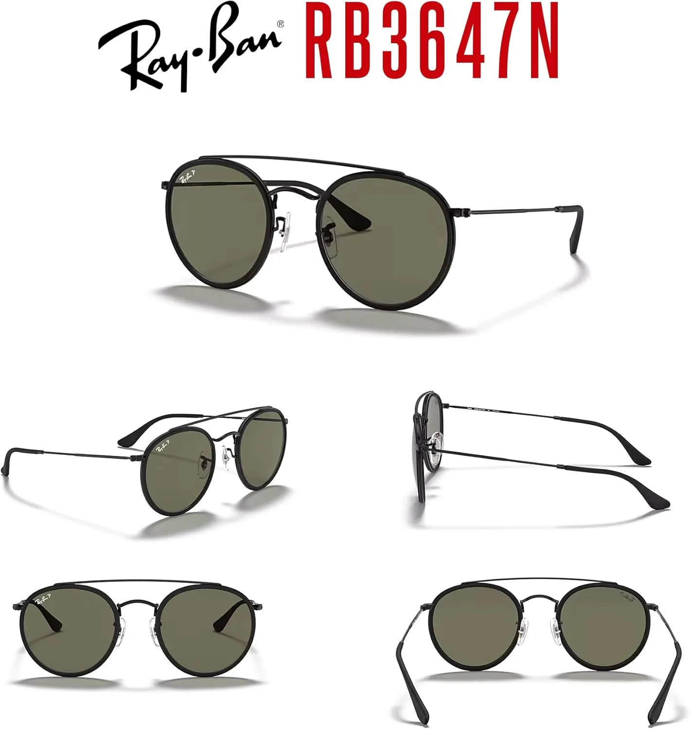 Ray-Ban RB3647N Double Bridge Round Sunglasses for Men for Women   BUNDLE with Designer iWear Eyewear Care Kit