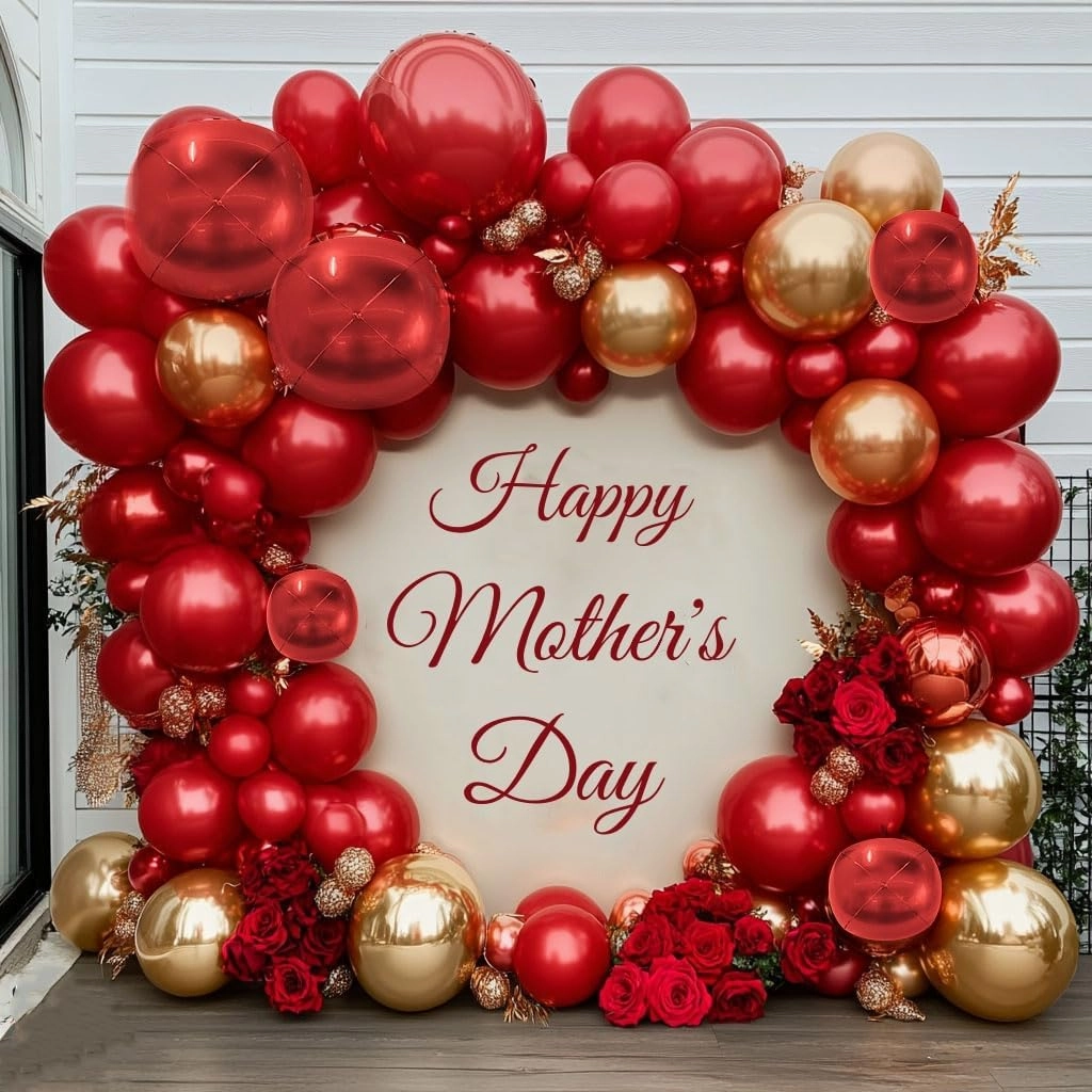 Red and Gold Balloon Garland Double Stuffed Ruby Red Gold Balloons Arch Kit With Mylar Balloon for Mother Day Wedding Engagements Valentine Anniversary Birthday Party Decoration