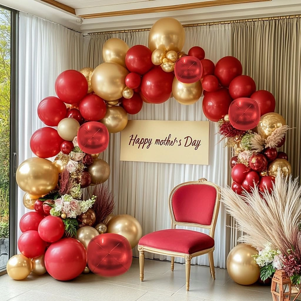 Red and Gold Balloon Garland Double Stuffed Ruby Red Gold Balloons Arch Kit With Mylar Balloon for Mother Day Wedding Engagements Valentine Anniversary Birthday Party Decoration