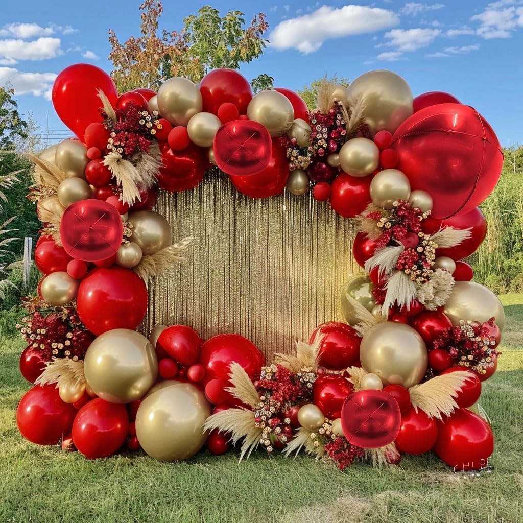 Red and Gold Balloon Garland Double Stuffed Ruby Red Gold Balloons Arch Kit With Mylar Balloon for Mother Day Wedding Engagements Valentine Anniversary Birthday Party Decoration