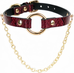 Red Snakeskin Leather Choker Necklace with Gold Chain – Gothic Punk Adjustable Women’s Collar
