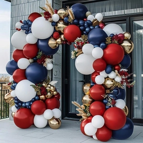 Red White Blue Balloon Arch - Double Stuffed Navy Blue Dark Ruby Red Balloon Garland Kit with Latex Gold Color for Baby Shower Birthday Patriot Graduation Veterans Day Party Decoration