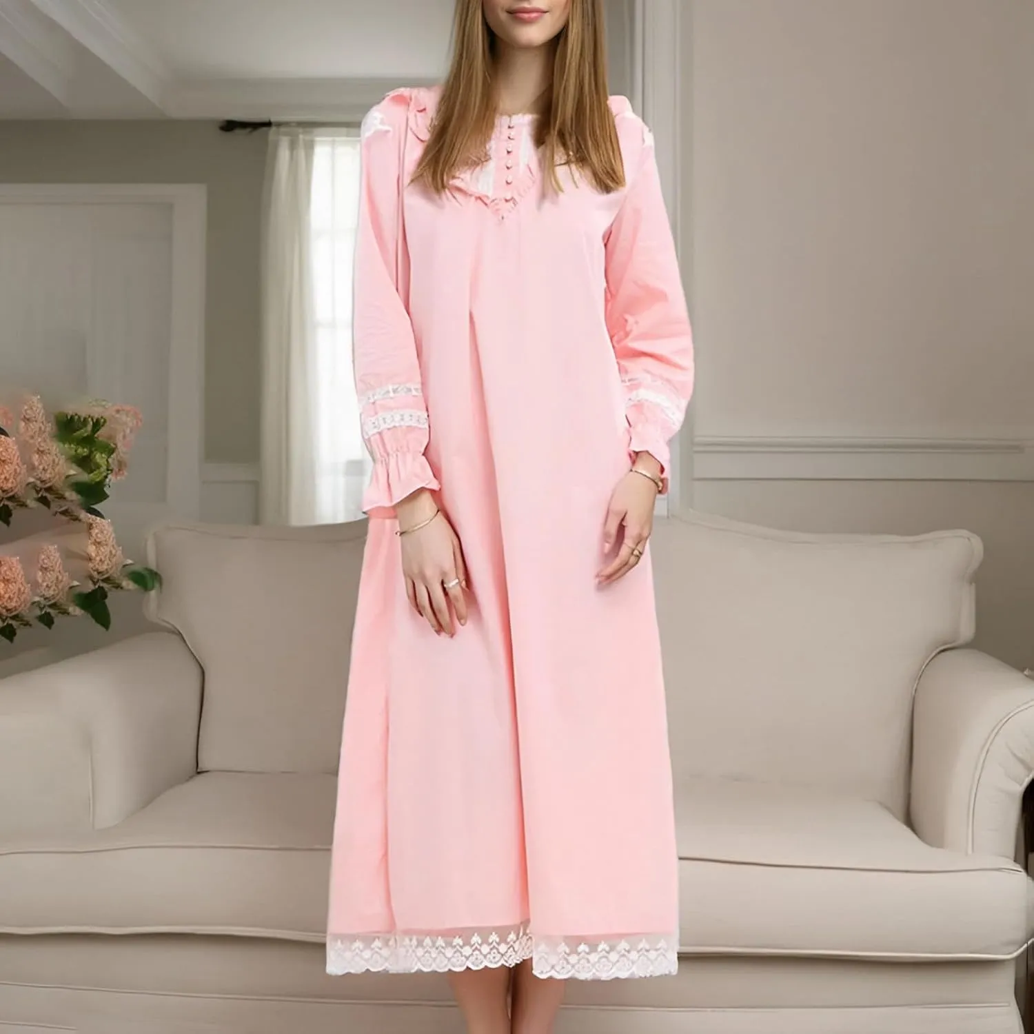 Retro Foreign Trade Long Sleeved Nightgown Pajamas Women's Plus Size Home Clothes Fresh Soft Cute Comfy Toe Slip