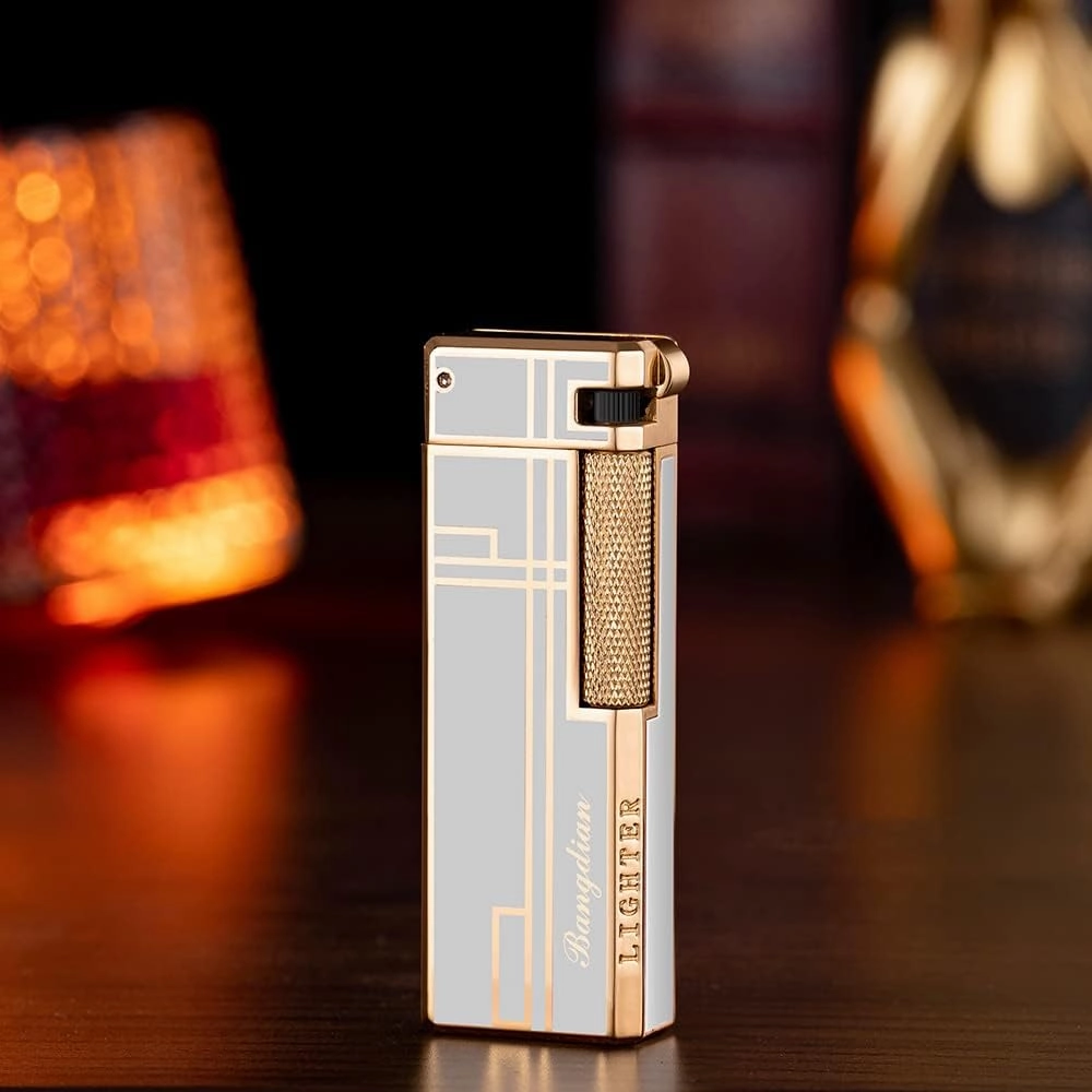Retro Sideling Flame Lighter, Refillable Butane Lighter, Side Slip Grinding Wheel Flint Tobacco Lighters Smoking Accessories with Gift Box (Silver-Gold)