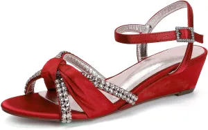 Rhinestones Ankle Buckle Bridal Sandals Wedges 4CM Open Toe Wedding Pump Women's Heels Shoes for Slingback Satin Pump