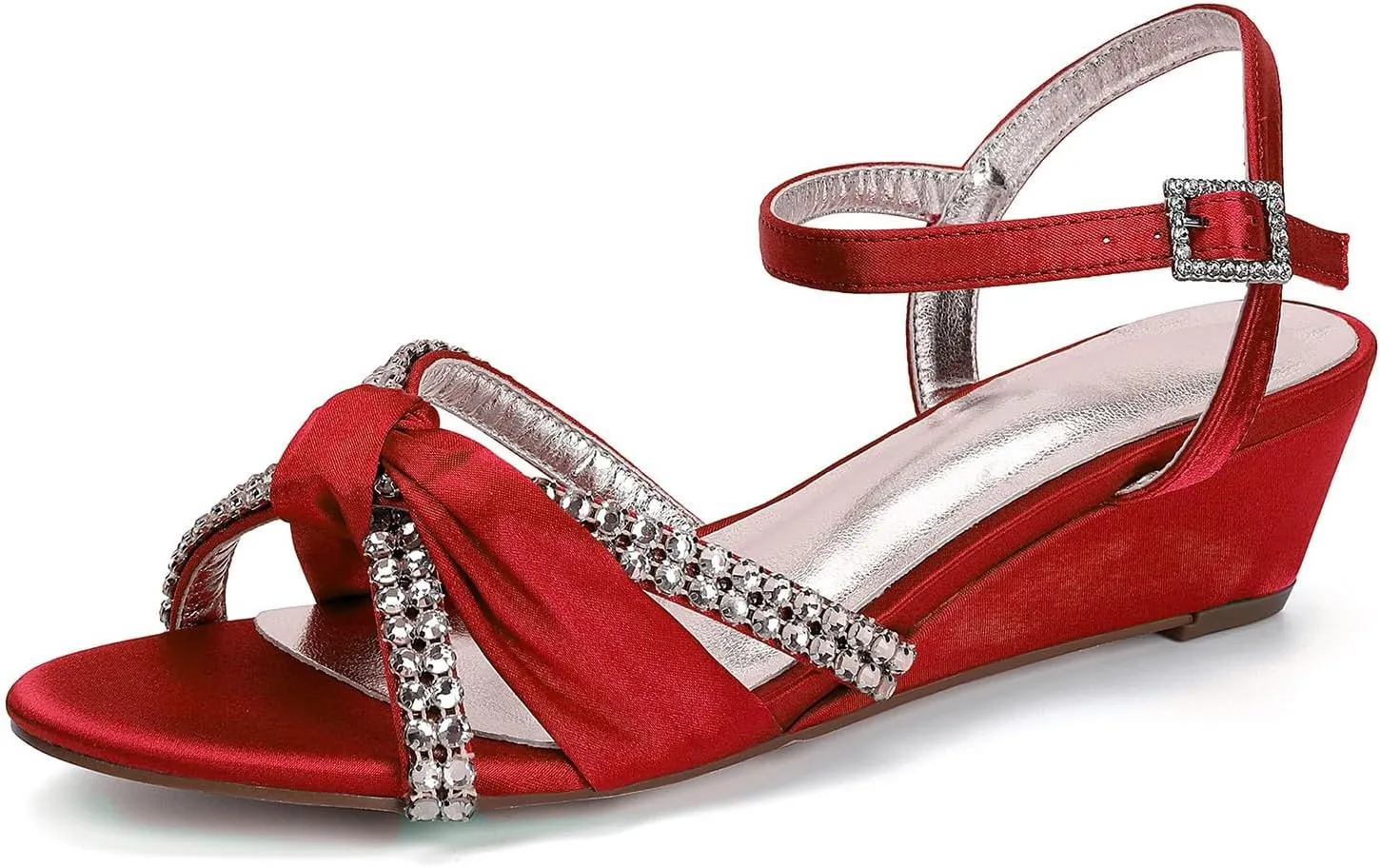 Rhinestones Ankle Buckle Bridal Sandals Wedges 4CM Open Toe Wedding Pump Women's Heels Shoes for Slingback Satin Pump