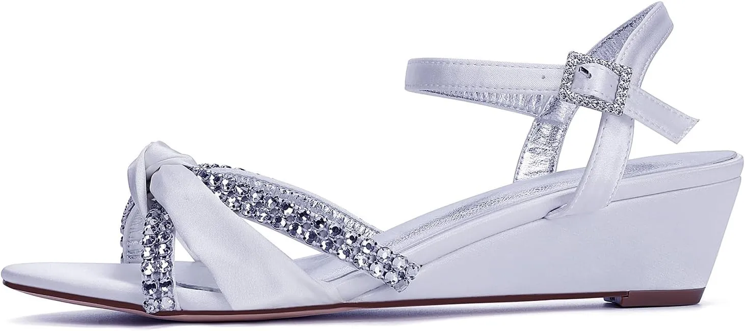 Rhinestones Ankle Buckle Bridal Sandals Wedges 4CM Open Toe Wedding Pump Women's Heels Shoes for Slingback Satin Pump