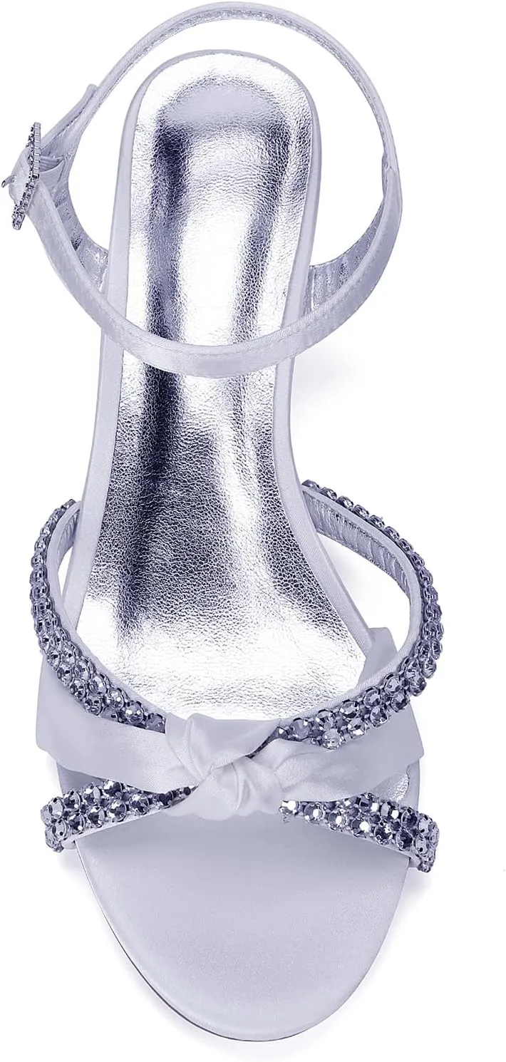 Rhinestones Ankle Buckle Bridal Sandals Wedges 4CM Open Toe Wedding Pump Women's Heels Shoes for Slingback Satin Pump