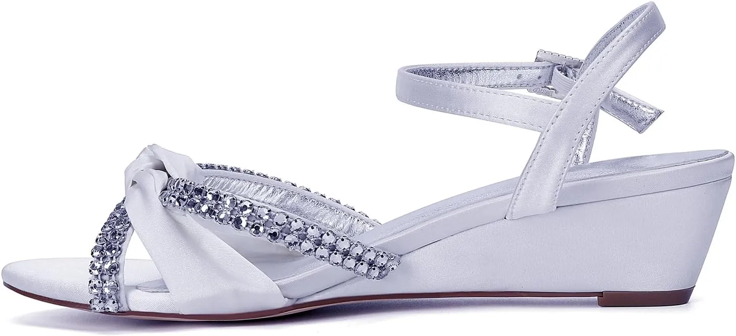 Rhinestones Ankle Buckle Bridal Sandals Wedges 4CM Open Toe Wedding Pump Women's Heels Shoes for Slingback Satin Pump