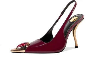 Rhinestones Slingback Kitten Heels Pointed Closed Toe Pumps for Women, Stiletto 4Inch High Heeled Sandals for Dress Shoes,Burgundy 6.5