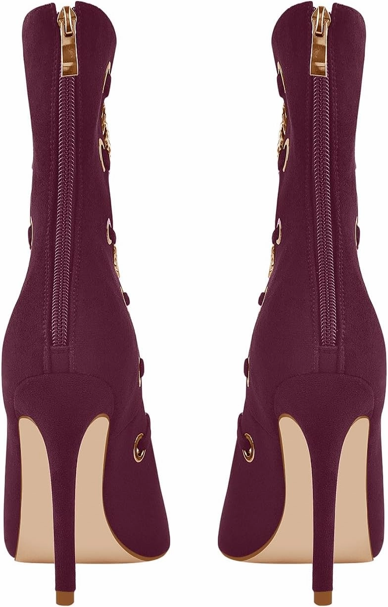 richealnini Sparkle Golden Chains Zip Up Pumps with Gold Pointed Toe and Stiletto Heels Suede Strappy Heel Sandals for Wedding Party