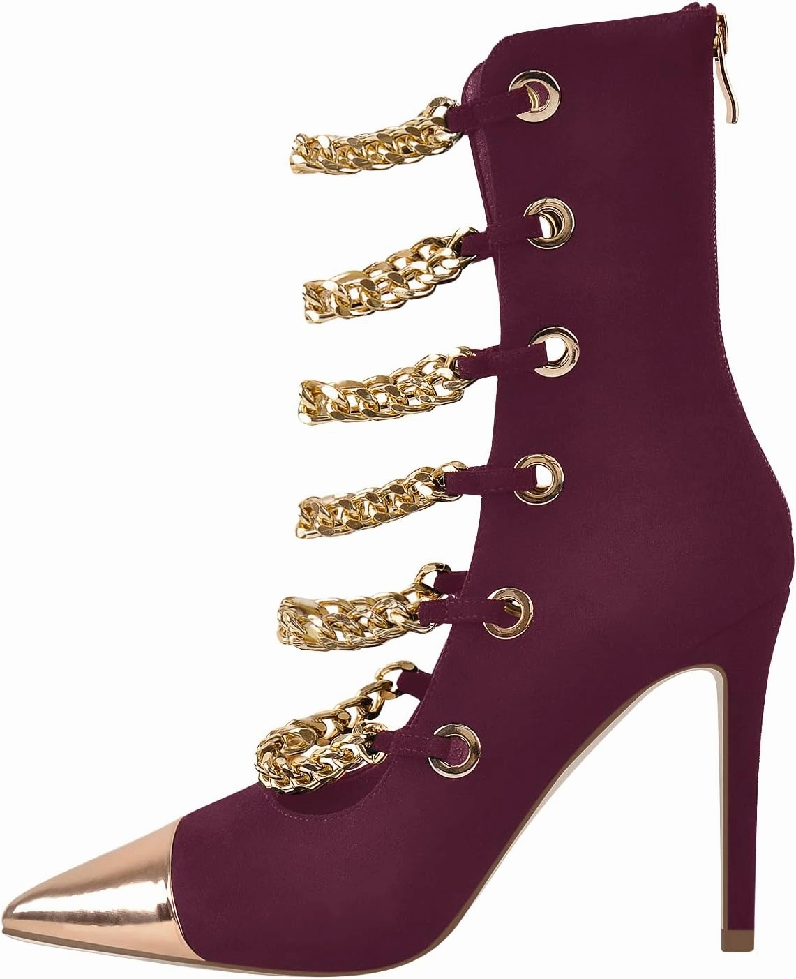richealnini Sparkle Golden Chains Zip Up Pumps with Gold Pointed Toe and Stiletto Heels Suede Strappy Heel Sandals for Wedding Party