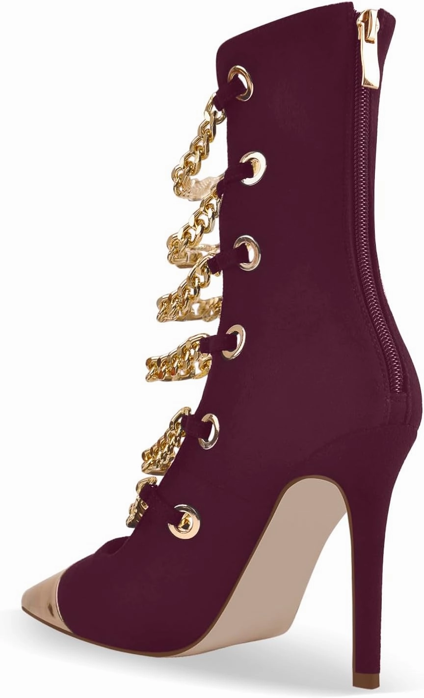richealnini Sparkle Golden Chains Zip Up Pumps with Gold Pointed Toe and Stiletto Heels Suede Strappy Heel Sandals for Wedding Party