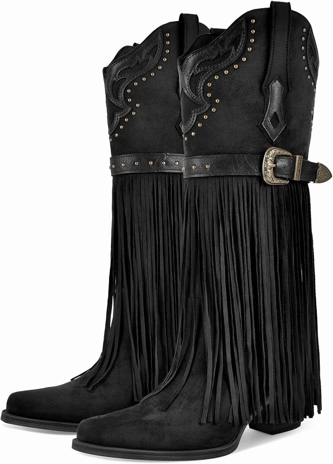 richealnini Suede Fringe Knee High Cowboy Boots with Golden Dots Studded Belt Embroidered Tall Boots