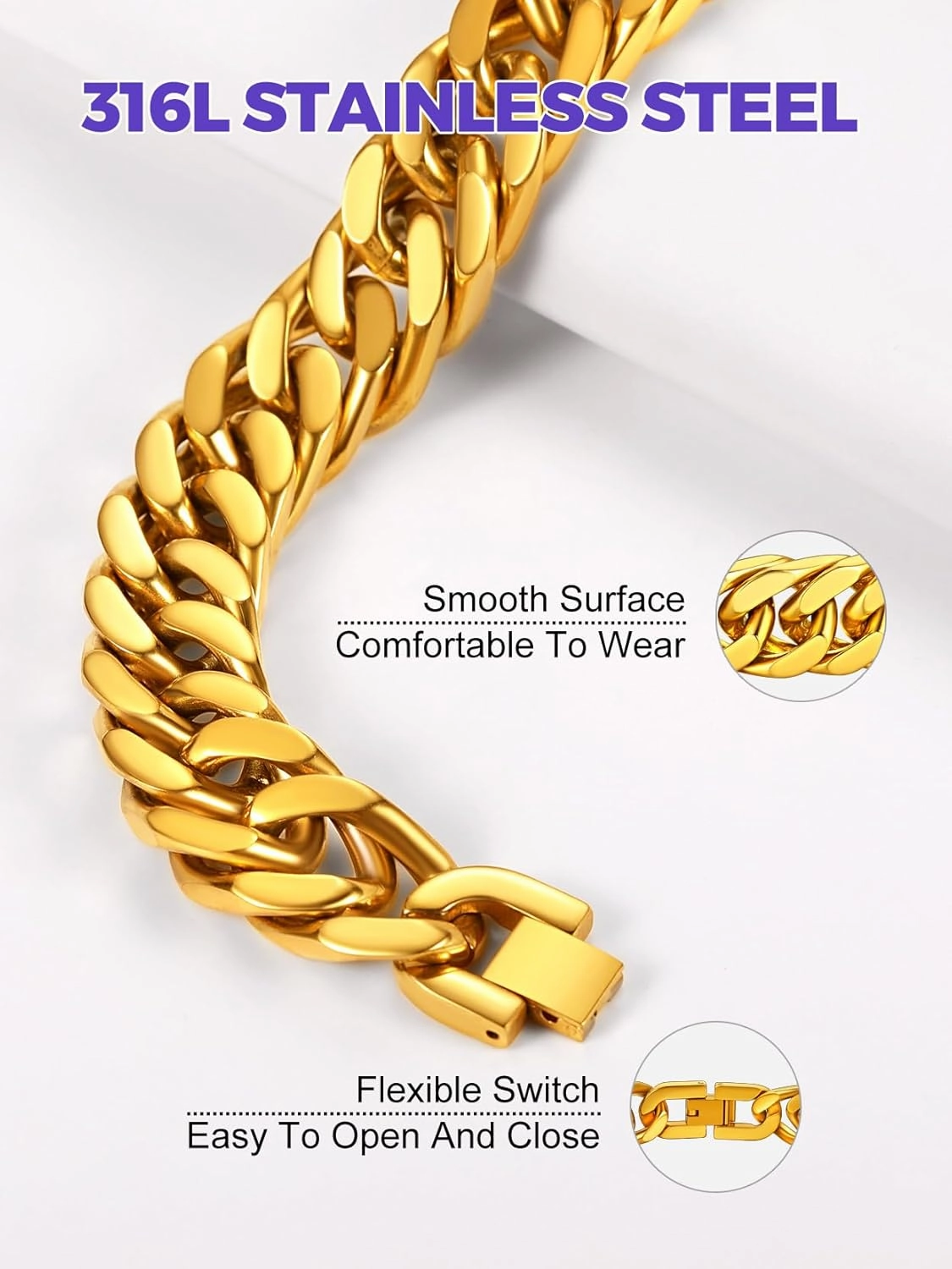 Richsteel Father's Day Bracelets for Men Cuban Link Chain Bracelets 8/12/17mm Width Stainless Steel Chain Wrist Bracelets, 7.4/8.2/9 Inch Length Classic Jewelry for Christmas/Valentine's Day/Birthday