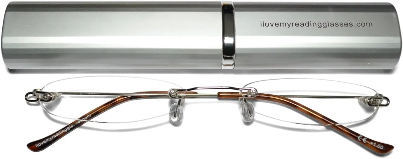 Rimless Reading Glasses for Men and Women  2.0 Silver Ultra Slim and Ultra Light Includes Aluminium Matching Case by ilovemyreadingglasses