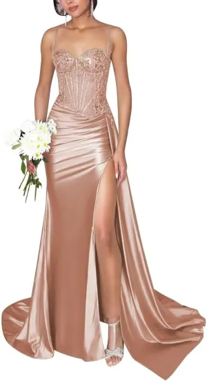 Rjer Spaghetti Strap Satin Prom Dresses Long Lace Appliques Mermaid Formal Party Dress with Slit B-Dusty Rose 08