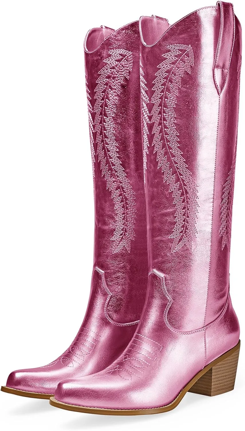 RKQ Women's Metallic Cowboy Boots Sparkle Knee High Cowgirl Boots Embroidered Western Wide Calf Boots with Pull on Tabs Pointed Toe Stacked Chunky Heel for Party Wedding Casual