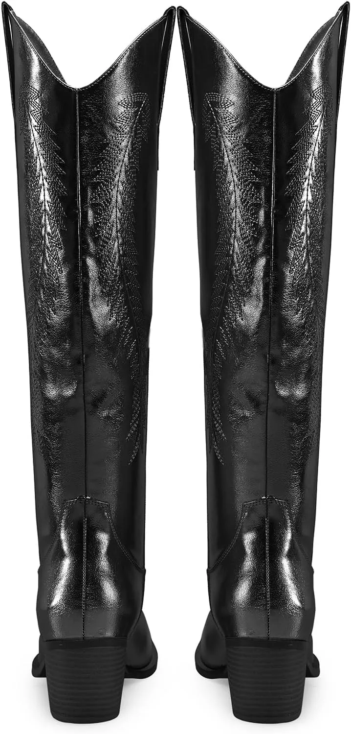 RKQ Women's Metallic Cowboy Boots Sparkle Knee High Cowgirl Boots Embroidered Western Wide Calf Boots with Pull on Tabs Pointed Toe Stacked Chunky Heel for Party Wedding Casual