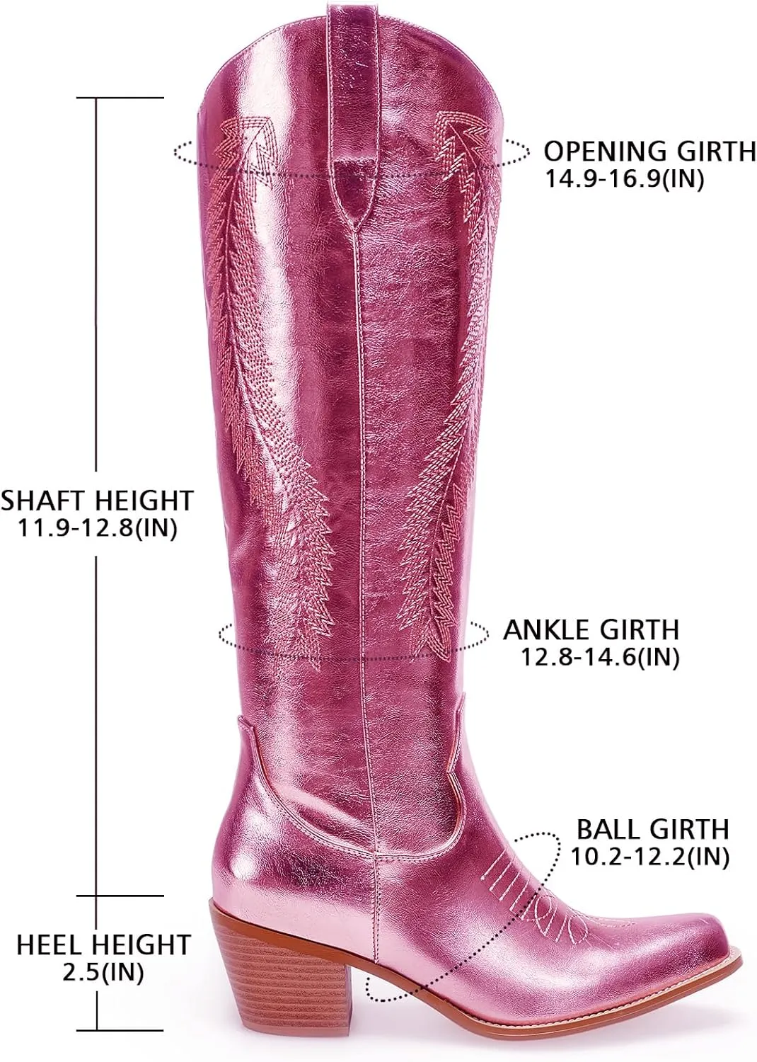 RKQ Women's Metallic Cowboy Boots Sparkle Knee High Cowgirl Boots Embroidered Western Wide Calf Boots with Pull on Tabs Pointed Toe Stacked Chunky Heel for Party Wedding Casual