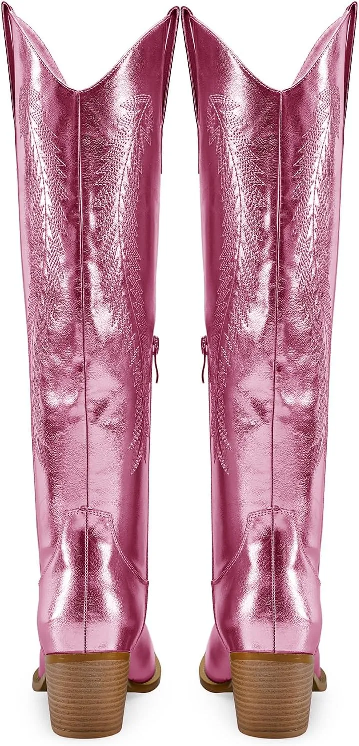 RKQ Women's Metallic Cowboy Boots Sparkle Knee High Cowgirl Boots Embroidered Western Wide Calf Boots with Pull on Tabs Pointed Toe Stacked Chunky Heel for Party Wedding Casual