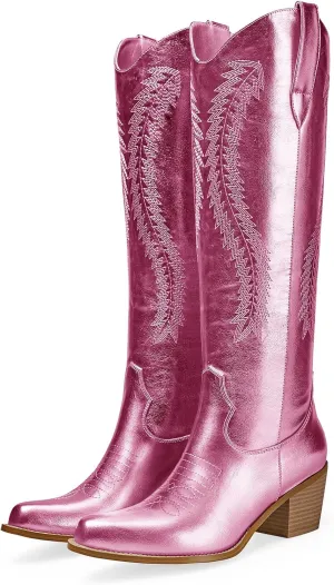 RKQ Women's Metallic Cowboy Boots Sparkle Knee High Cowgirl Boots Embroidered Western Wide Calf Boots with Pull on Tabs Pointed Toe Stacked Chunky Heel for Party Wedding Casual