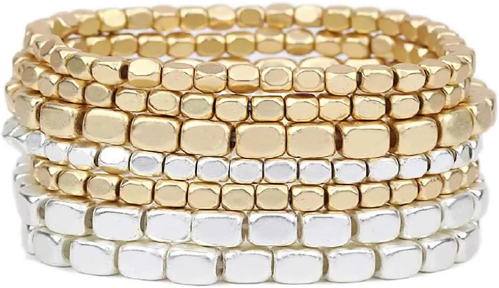 Rosemarie Collections Chunky Nugget Multi-Strand Bracelet Beads - Silver & Gold Bracelets Stack for Casual & Formal Wear - Stylish Gold Beaded Bracelets for Women (Set of 7)