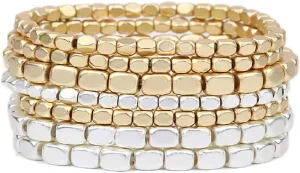 Rosemarie Collections Chunky Nugget Multi-Strand Bracelet Beads - Silver & Gold Bracelets Stack for Casual & Formal Wear - Stylish Gold Beaded Bracelets for Women (Set of 7)