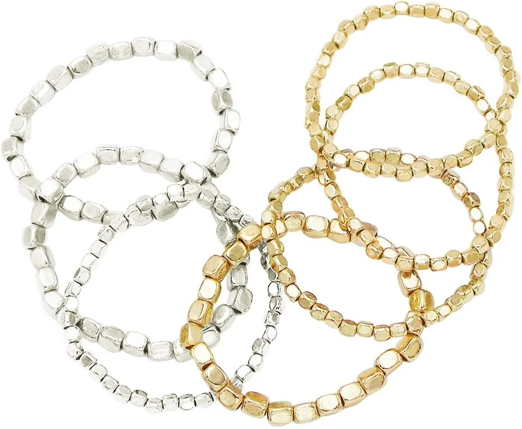 Rosemarie Collections Chunky Nugget Multi-Strand Bracelet Beads - Silver & Gold Bracelets Stack for Casual & Formal Wear - Stylish Gold Beaded Bracelets for Women (Set of 7)