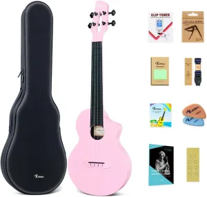 Rosen Concert Ukulele 23 inch Carbon Fiber Travel Ukelele for Adult Kids Beginners Kit with Case, Tuner, Strap, Capo, Strings, Cleaning Cloth, Picks, Ukulele Book(Pink)